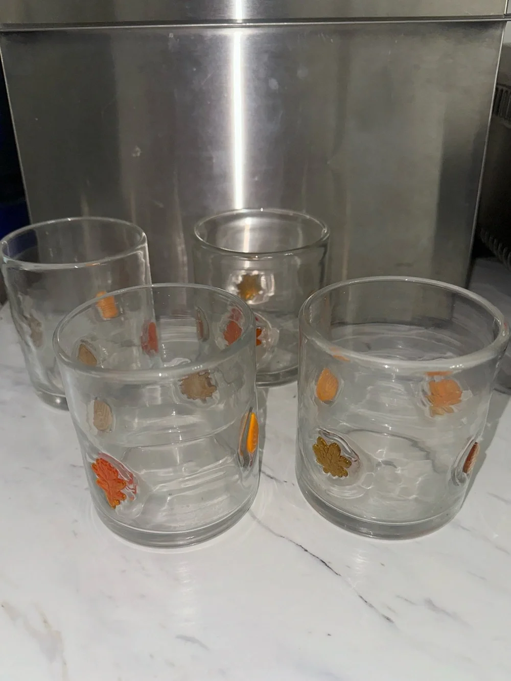 Set of 4 Juice Glasses Orange & Gold Leaf Motif Retro Barware